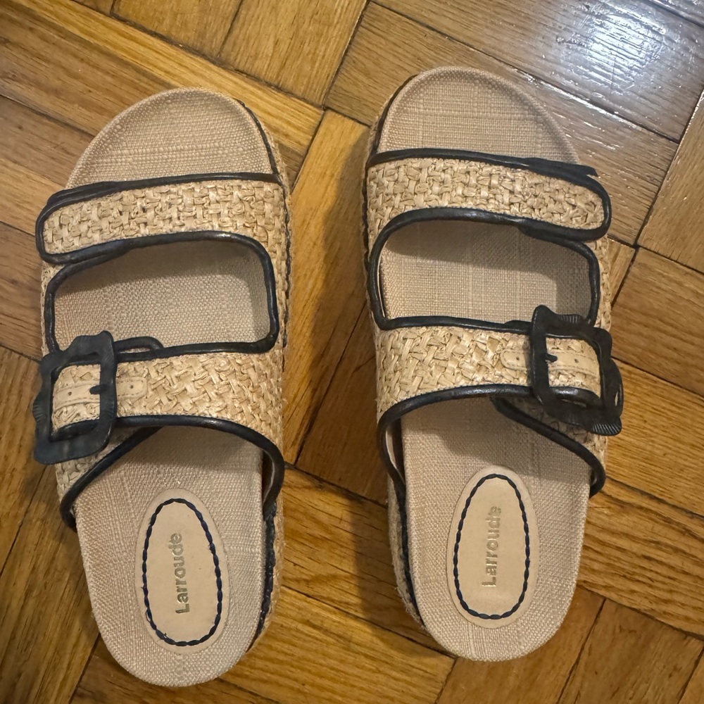 Larroude Maui Slide In Tapestry Natural Raffia And Black Trimming